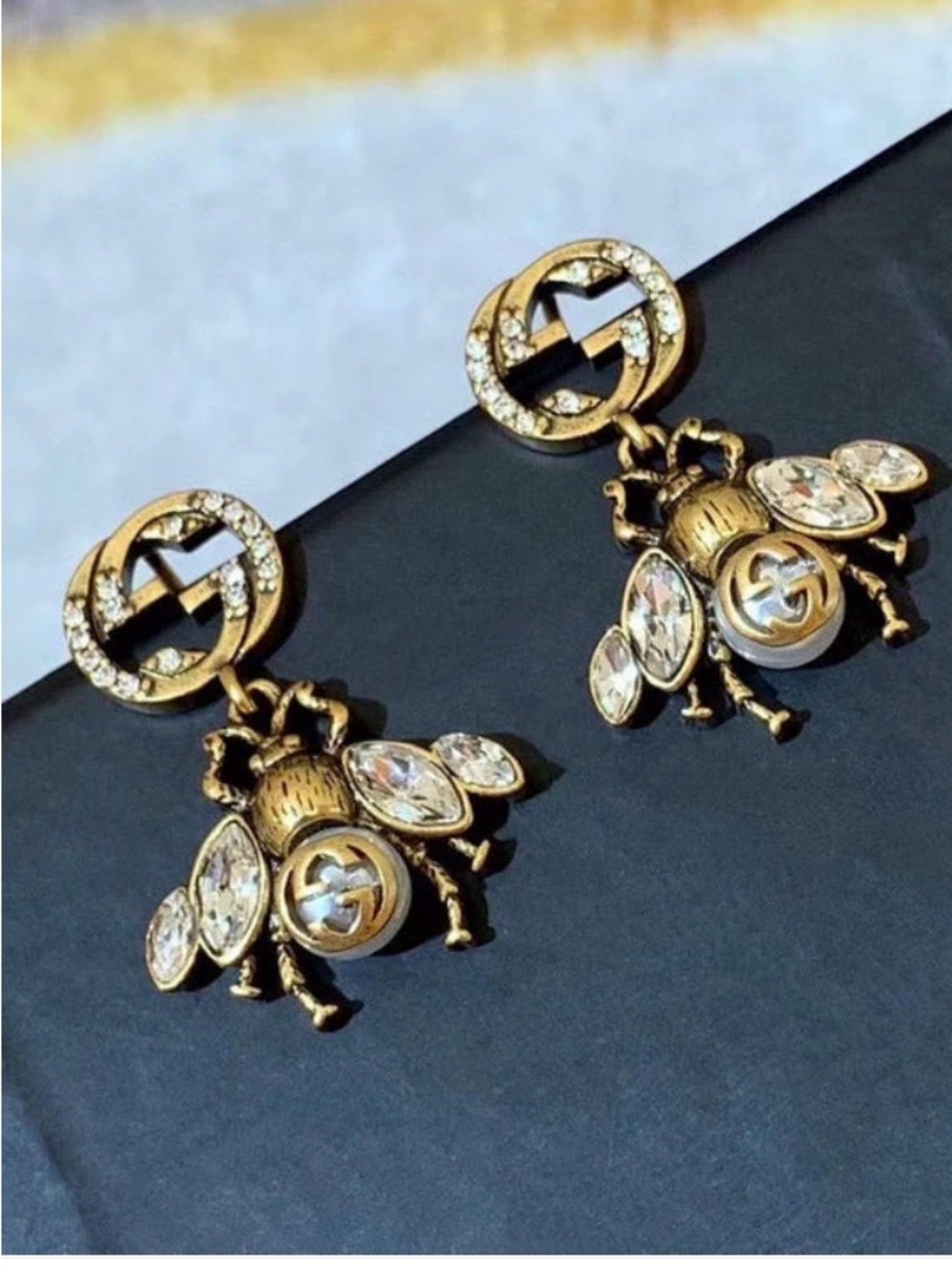 Gold Crystal Bee Drop Earrings - Designer Inspired Stamped